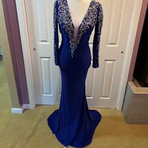 Full length royal blue evening gown with crystals